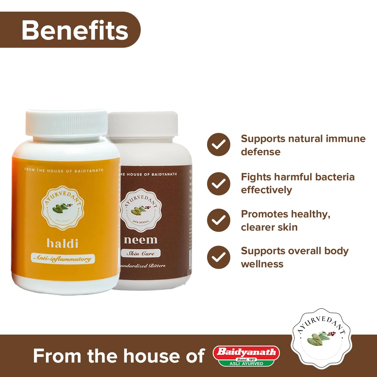 Ayurvedant Neem & Turmeric Tablets Combo Pack | 60 Tablets Each | Herbal Daily Detox & Immunity Support |From The House Of Baidyanath.