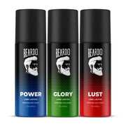 Beardo Power, Lust & Glory Perfume Body Spray (Set of 3) Get compliments with Long lasting Fougere, Aromatic Deodorant Brand | Christmas gift for men | Gift For Friends | Gift for Men