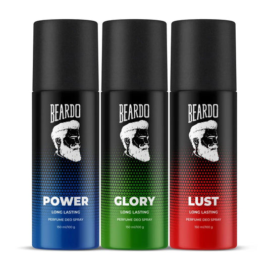 Beardo Power, Lust & Glory Perfume Body Spray (Set of 3) Get compliments with Long lasting Fougere, Aromatic Deodorant Brand | Christmas gift for men | Gift For Friends | Gift for Men