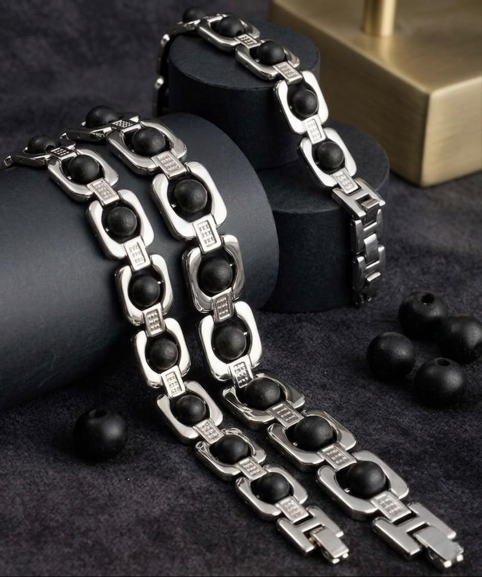 RUDRADIVINE Premium Silver Plated Karungali Wood Bracelet | Black Ebony Bead Elegant Bracelet