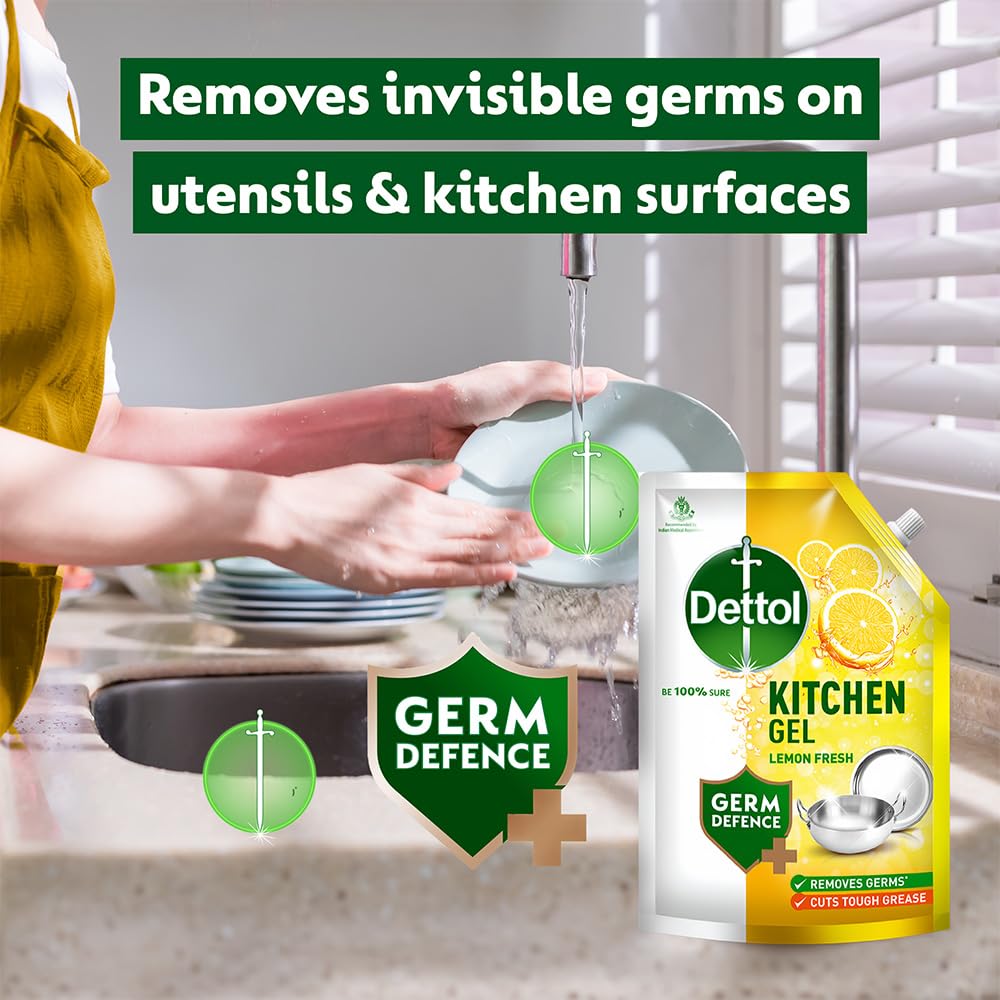 Dettol Dishwash liquid and Kitchen Gel | Cuts Tough Grease | Remove germs | Lemon Fragrance | 500ml (Refill Pack)