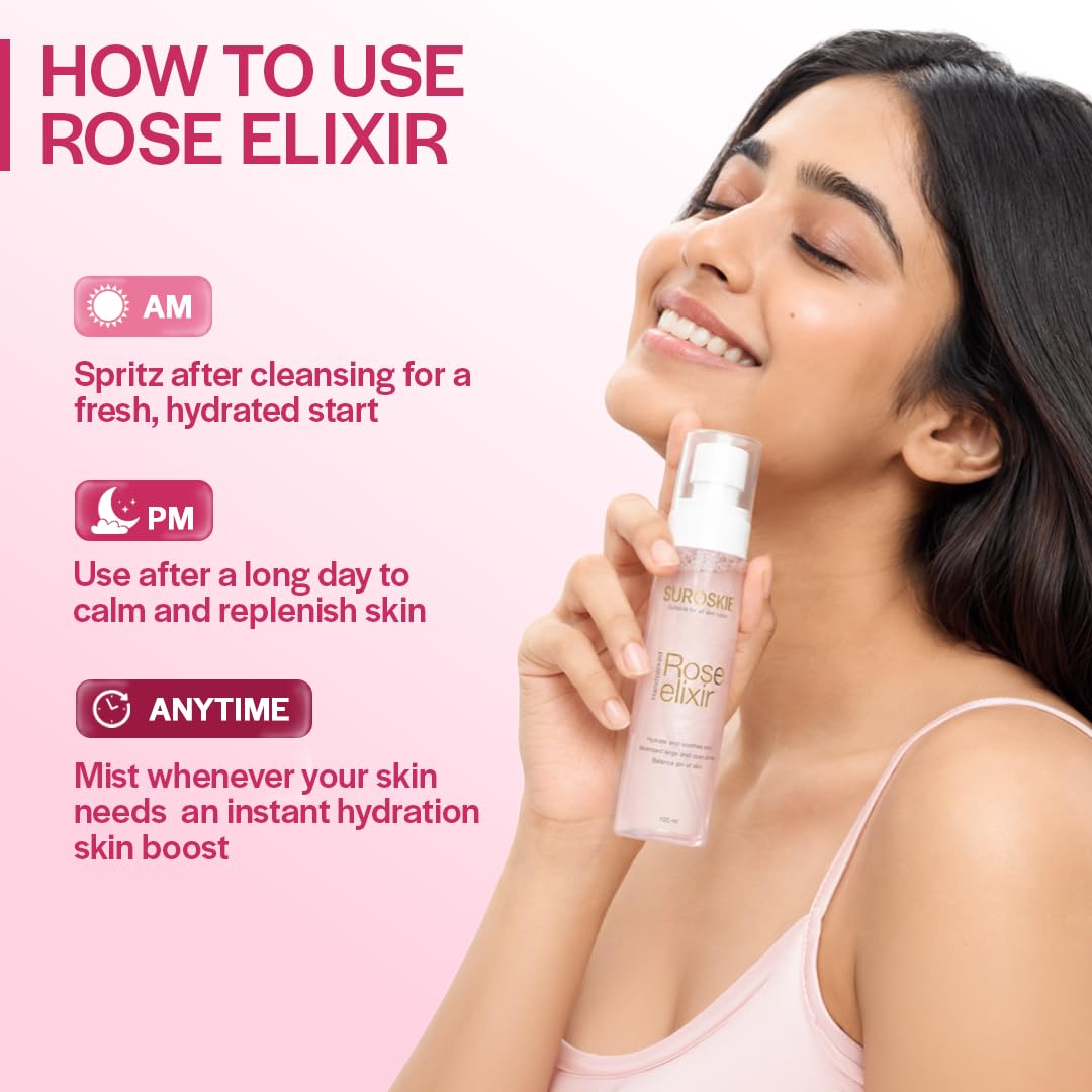 Suroskie Rose Water Elixir Face Mist 100Ml | Pure Rose Water | Face Toner For Glowing, Refresh & Hydrating Skin | Minimize Large & Open Pores | Balance Ph Of Skin | Gulab Jal For Women & Men