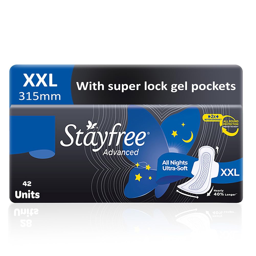 Stayfree Advanced XXL All Night Sanitary Pads For Women | 42 Pads | Ultra Soft Cover | 2x Coverage for All Round Protection | Helps Prevent Rashes & Skin Irritation