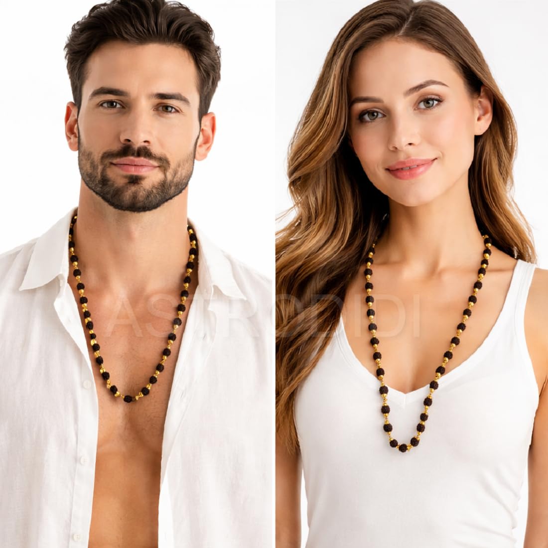 ASTRODIDI Black 5 Mukhi Rudraksha Mala in Brass Golden Caps | Original and Natural Five Face Panch Mukhi Rudraksh Beads (7 mm), Pack of 1