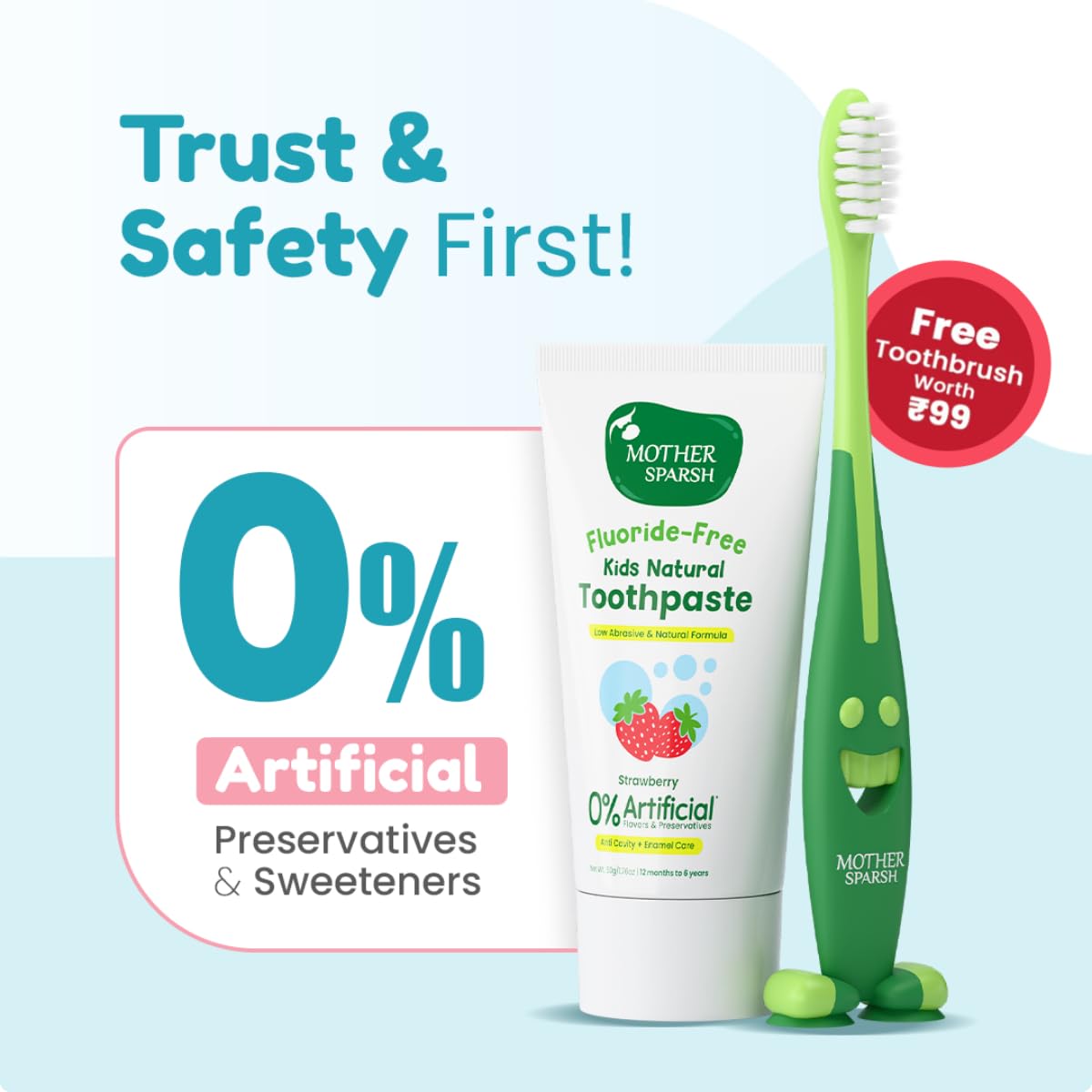 Mother Sparsh Baby Care Set - Kids Strawberry Toothpaste 50g with Brush + Tummy Roll On (Ayurvedic) 40ml + Natural Baby Liquid Cleanser 175ml | Fluoride-Free| ForGentle Care