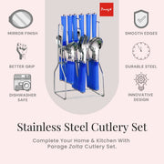 Parage Zolta Stainless Steel Cutlery Set- Set of 25 (Contains: 6 Table Spoons, 6 Forks, 6 Tea Spoons, 6 Knives, 1 Stand), Spoon Set, Cutlery Set for Dining Table Stylish (Blue)