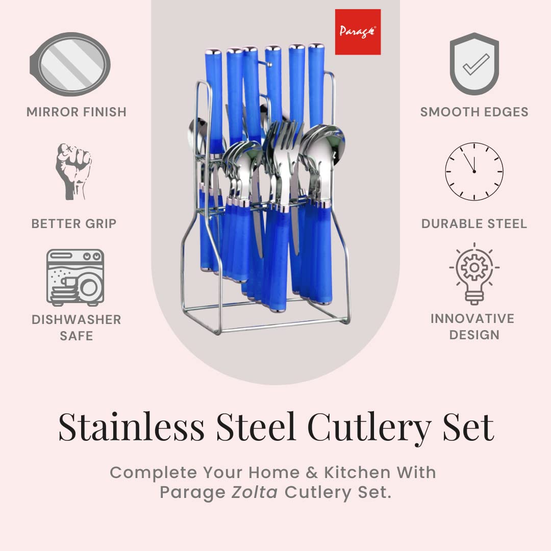 Parage Zolta Stainless Steel Cutlery Set- Set of 25 (Contains: 6 Table Spoons, 6 Forks, 6 Tea Spoons, 6 Knives, 1 Stand), Spoon Set, Cutlery Set for Dining Table Stylish (Blue)