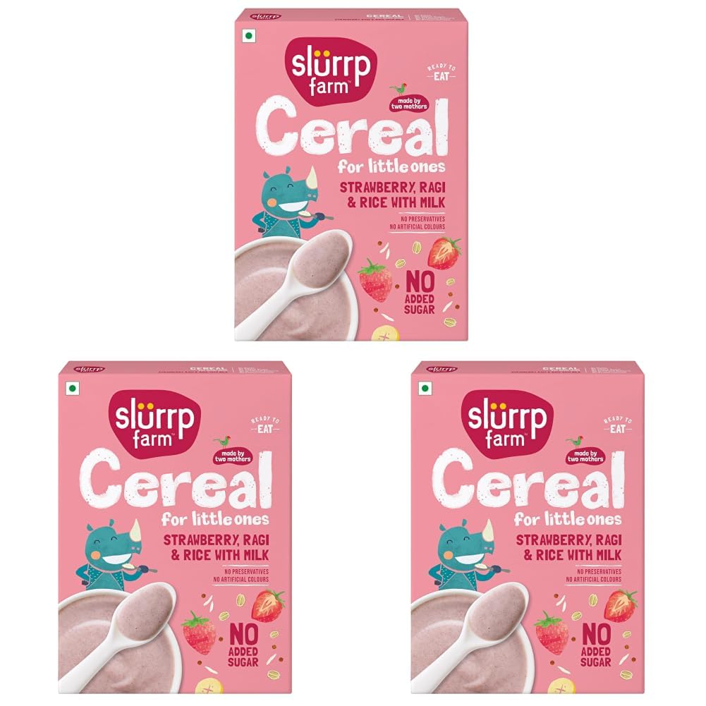 Slurrp Farm Cereal, Ragi, Rice and Strawberry with Milk, Instant Healthy Food, NO Added Sugar, Mildly Sweetened with Date Powder