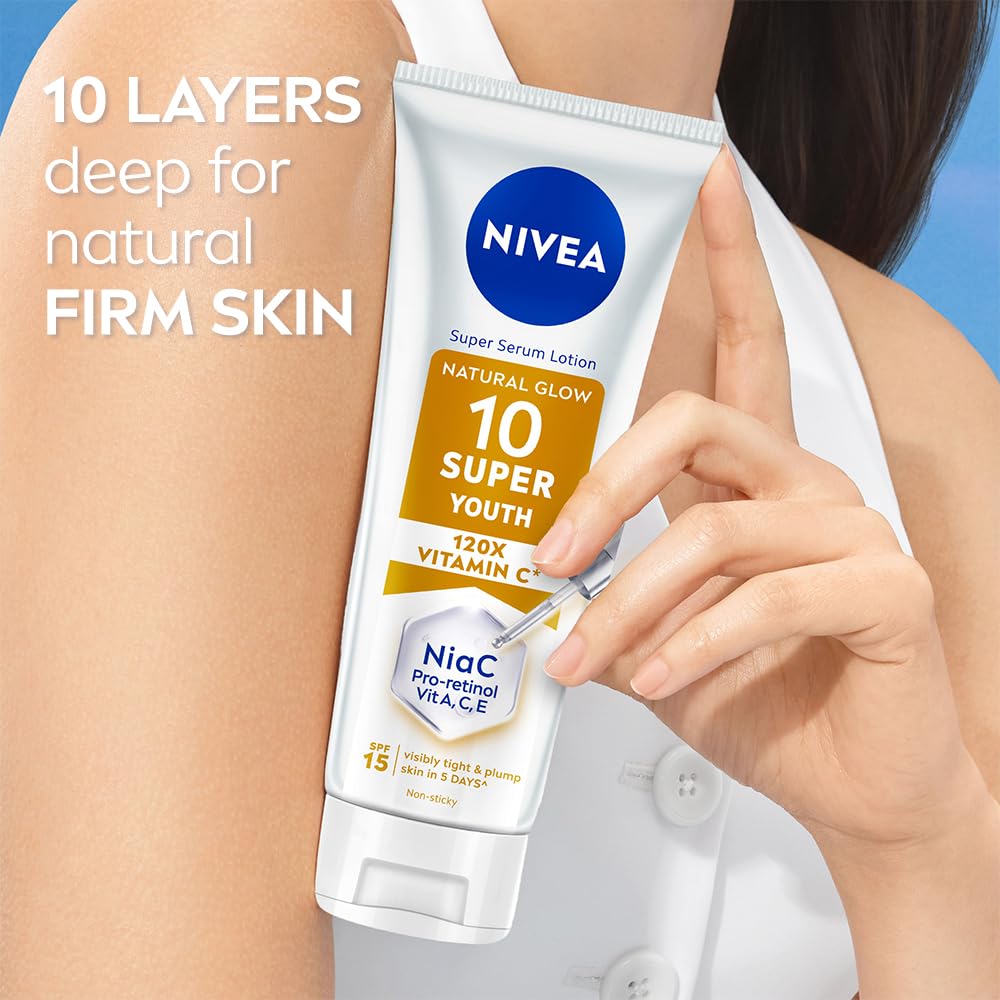 NIVEA Super 10 Youth Body Serum Lotion 170ml | Niacinamide Retinol 120X Vitamin C Body Lotion SPF15 Daily Sunscreen | Skin Tightening, Lightweight, Fast Absorbing Moisturizer | Youthful & Firm Skin in 5 Days