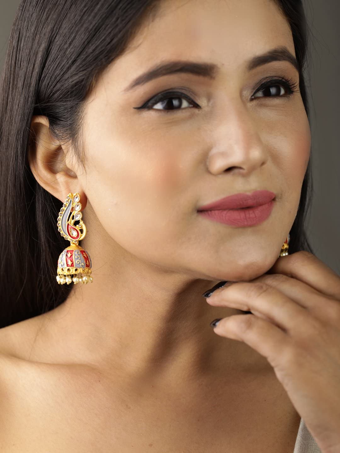 Priyaasi Peacock Shaped Kundan Studded Jhumka Earring