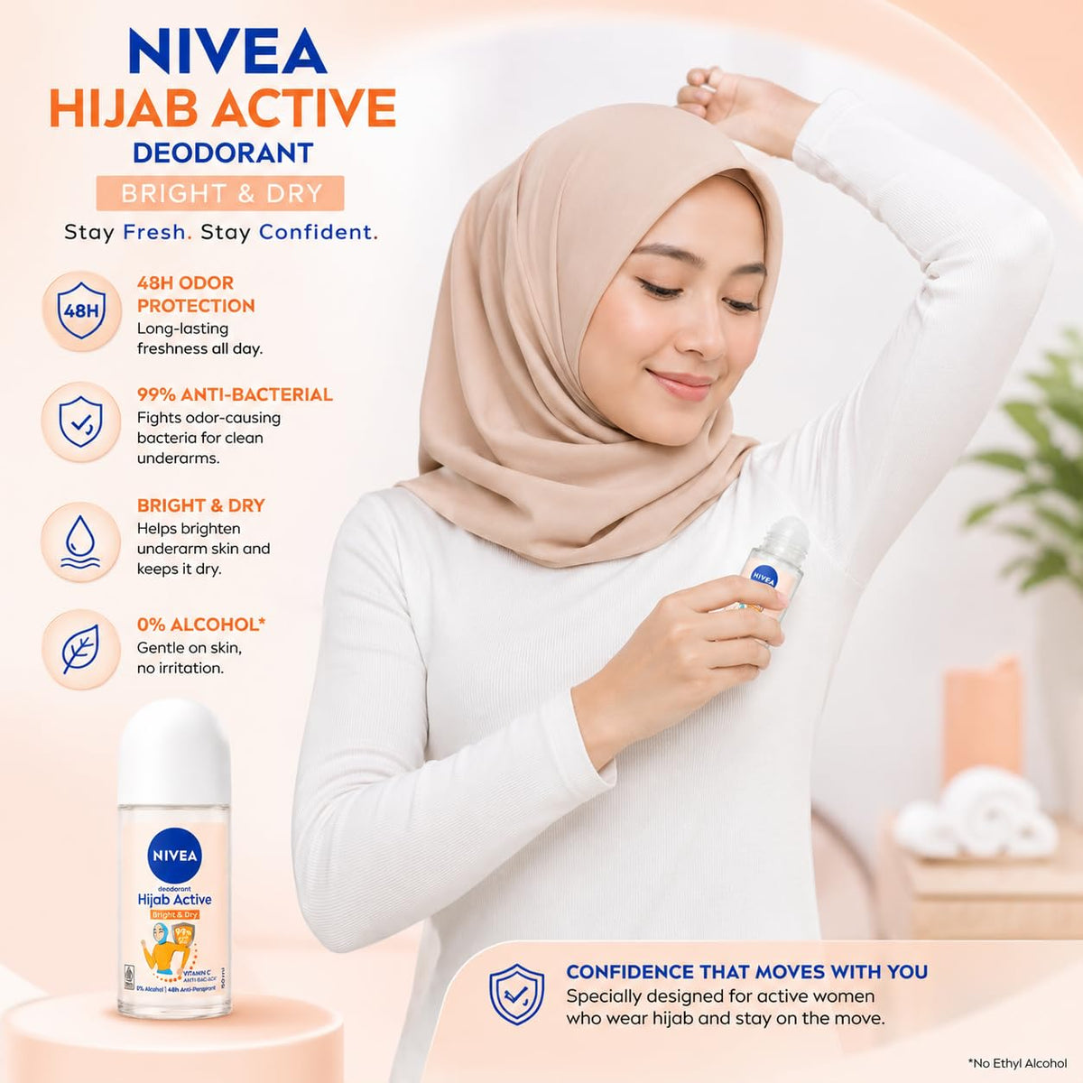 NIVEA Hijab Active Bright & Dry Anti-Perspirant Roll-On Deodorant for Women, 48H Protection, Vitamin C & Anti-Bacterial Formula, 0% Alcohol, 50 ml