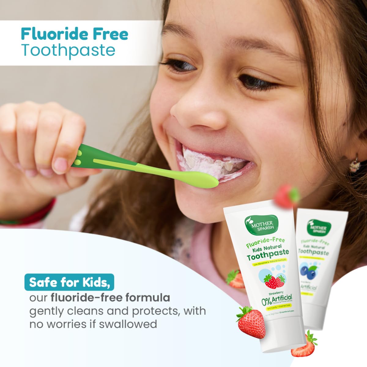 Mother Sparsh Natural Toothpaste for Kids-50g, Strawberry | Strengthens Gums, Whitens Teeth | Preservative & Fluoride Free Baby Toothpaste | Anti Cavity + Enamel Care