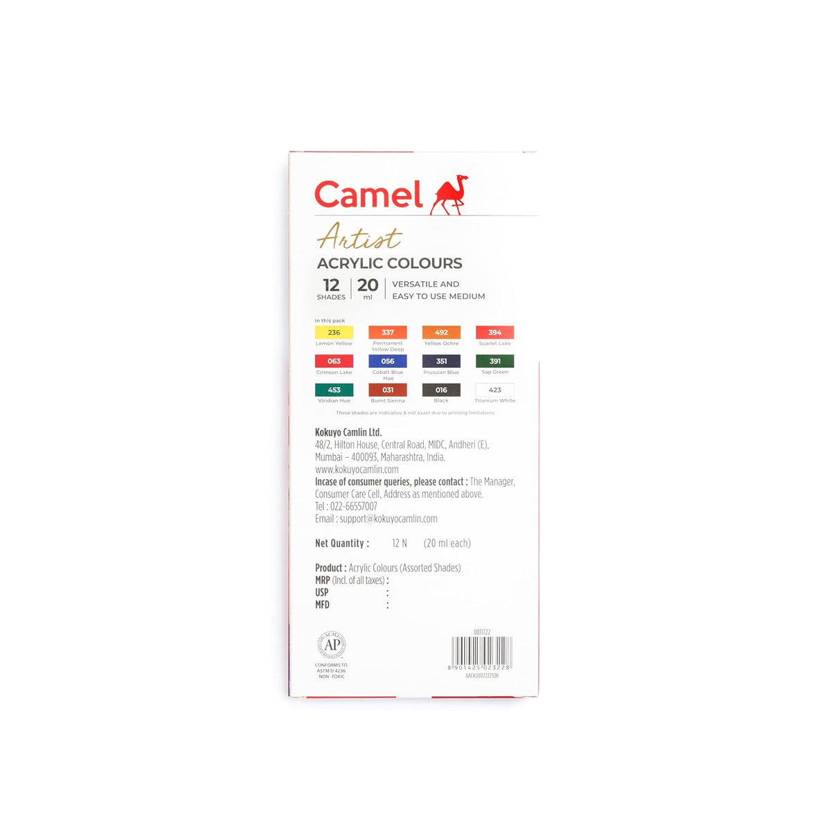 Camel Acrylic Color Box-20Ml Tubes,12 Shades,Multicolour