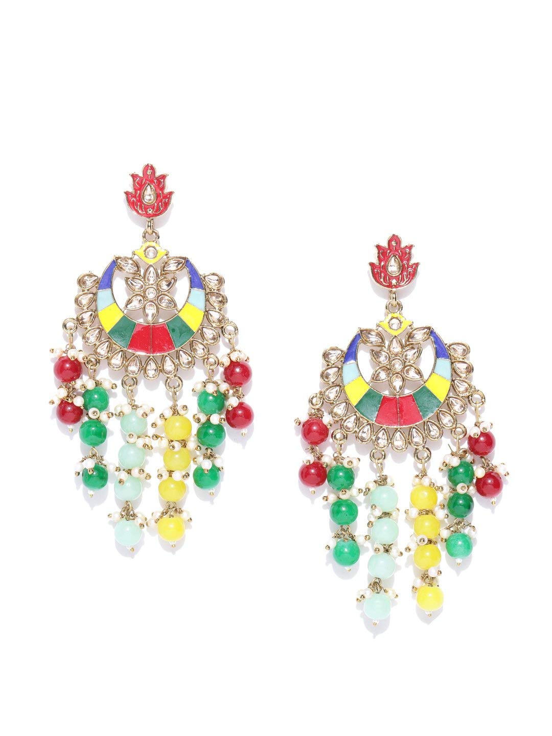 Priyaasi Gold-Plated Stone Studded Multicolor Meenakari Waterfall Earrings In Chandbali Style