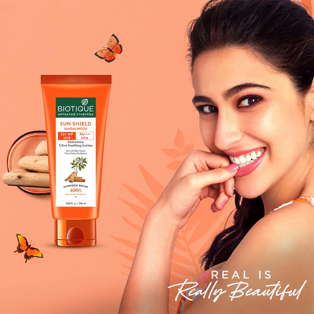 Biotique Bio Sandalwood Sunscreen Ultra Soothing Face Lotion, SPF 50+ |Ultra Protective Lotion| Keeps Skin Soft, Fair and Moisturized| Water Resistant| For All Skin Types| 50ml