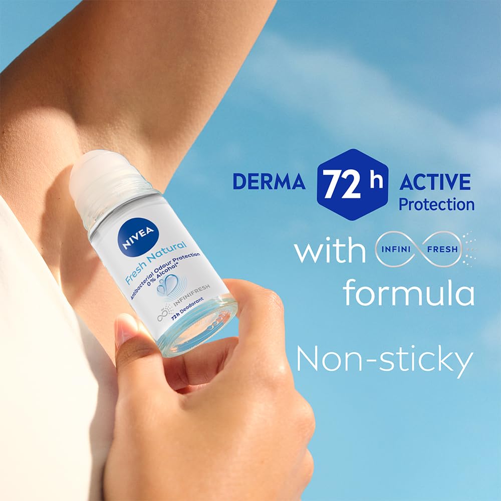 NIVEA Fresh Natural Roll On Deodorant | 72H Long Lasting Freshness | Fights Bacteria and Bad Odour | Mild Soothing Fragrance | With Ocean Extracts | 0% Alcohol | Dermatologically Approved & Paraben Free Formula | 50ml