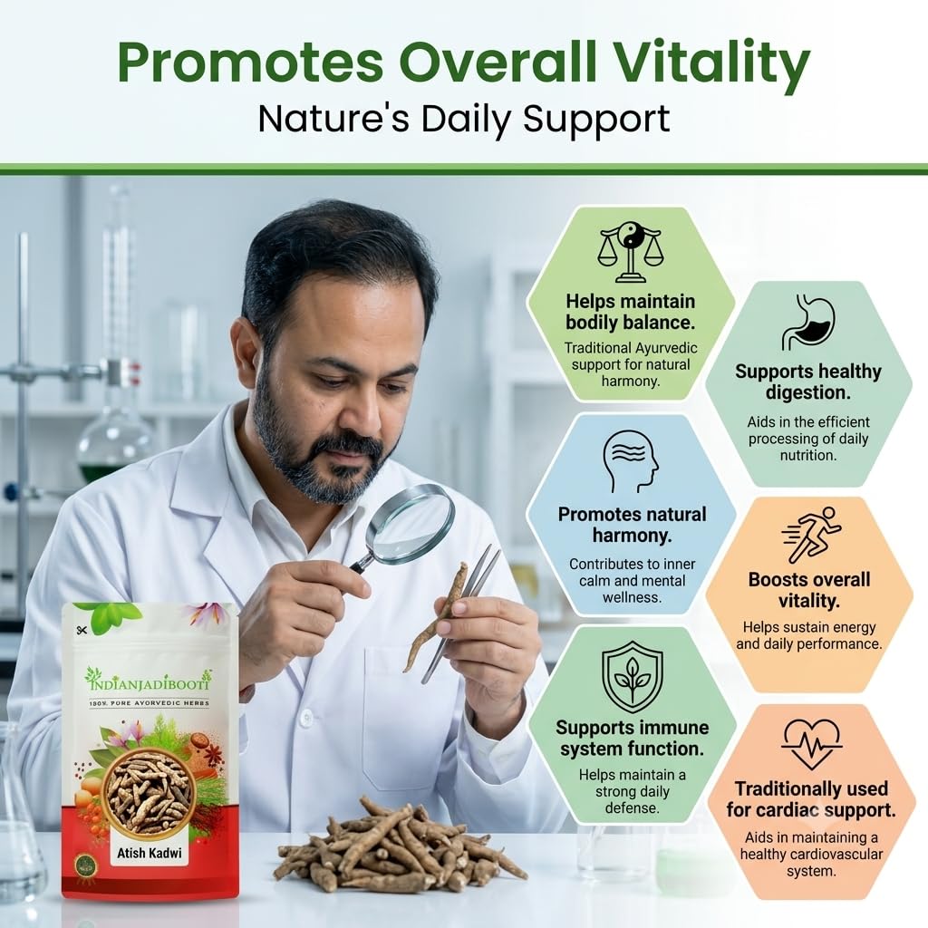 IndianJadiBooti Atish Kadwi (Ativisha Root) | 30g | Premium Aconitum Heterophyllum | Patis/Atees/Shukla Kand | Traditional Bitter Tonic for Digestion & Metabolism (Raw Herb)