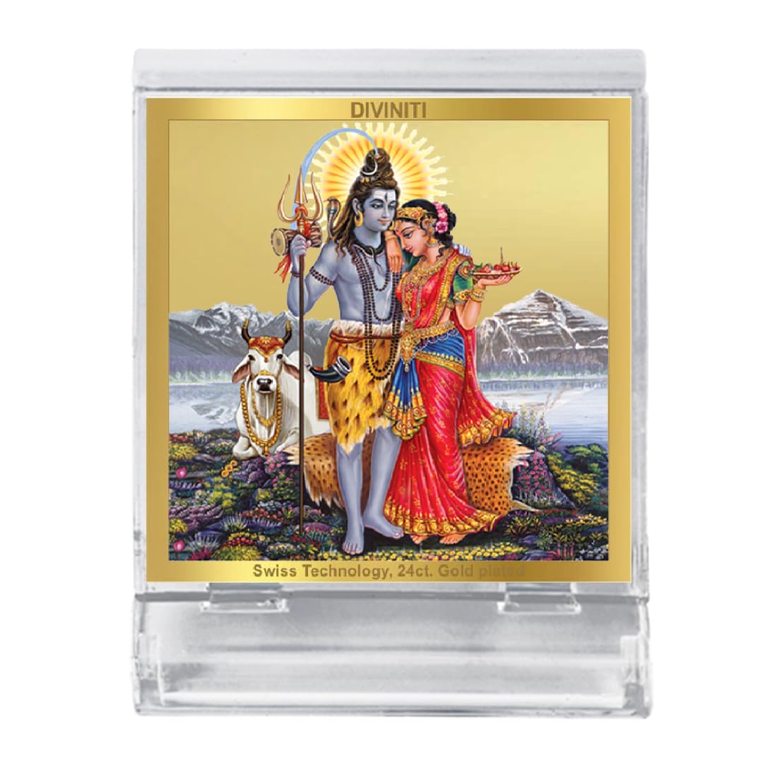 DIVINITI 24K Gold Plated Religious Car Dashboard Frame | Premium God Idol Frame for Car, Home Mandir & Office Table | Spiritual Gift, Decorative Showpiece | Shiva And Parvati
