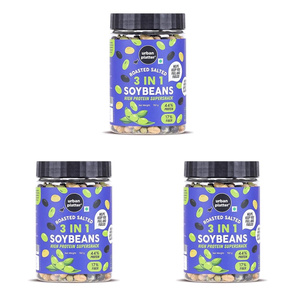 Urban Platter Roasted Salted 3-in-1 Soybean, 150g (44% Protein, 17% Fiber, Lightly Salted Green Edamame, Black & White Soybeans, Highest Plant Protein Supersnack) (Pack of 3)