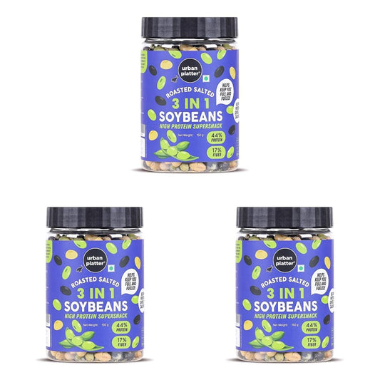 Urban Platter Roasted Salted 3-in-1 Soybean, 150g (44% Protein, 17% Fiber, Lightly Salted Green Edamame, Black & White Soybeans, Highest Plant Protein Supersnack) (Pack of 3)