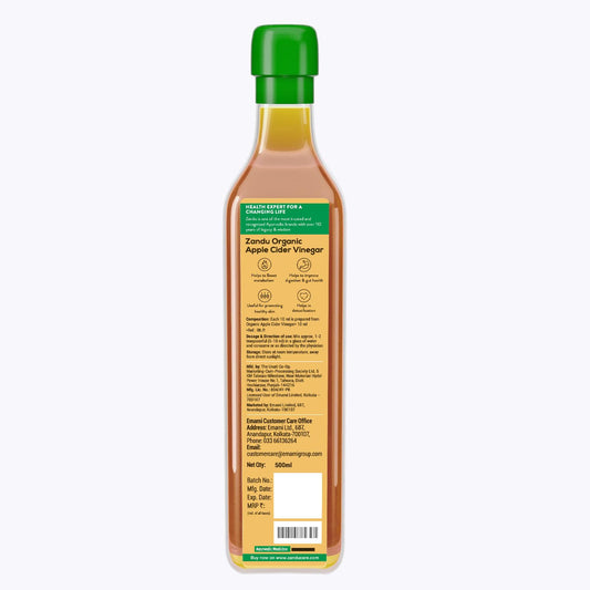 Zandu Organic Apple Cider Vinegar with Mother | Scientifically Tested | Raw, Unfiltered, Unpasteurized | Supports Healthy Weight & Digestion | 100% Organic Apples | 500ml