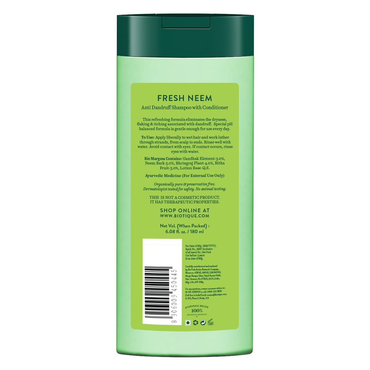 Biotique Fresh Neem Anti Dandruff Shampoo and Conditioner | Controls Dandruff | Eliminates Dryness, Flaking, and Itching | Hair Looks Fresh and Lustrous |Suitable for All Skin Types | 180ml