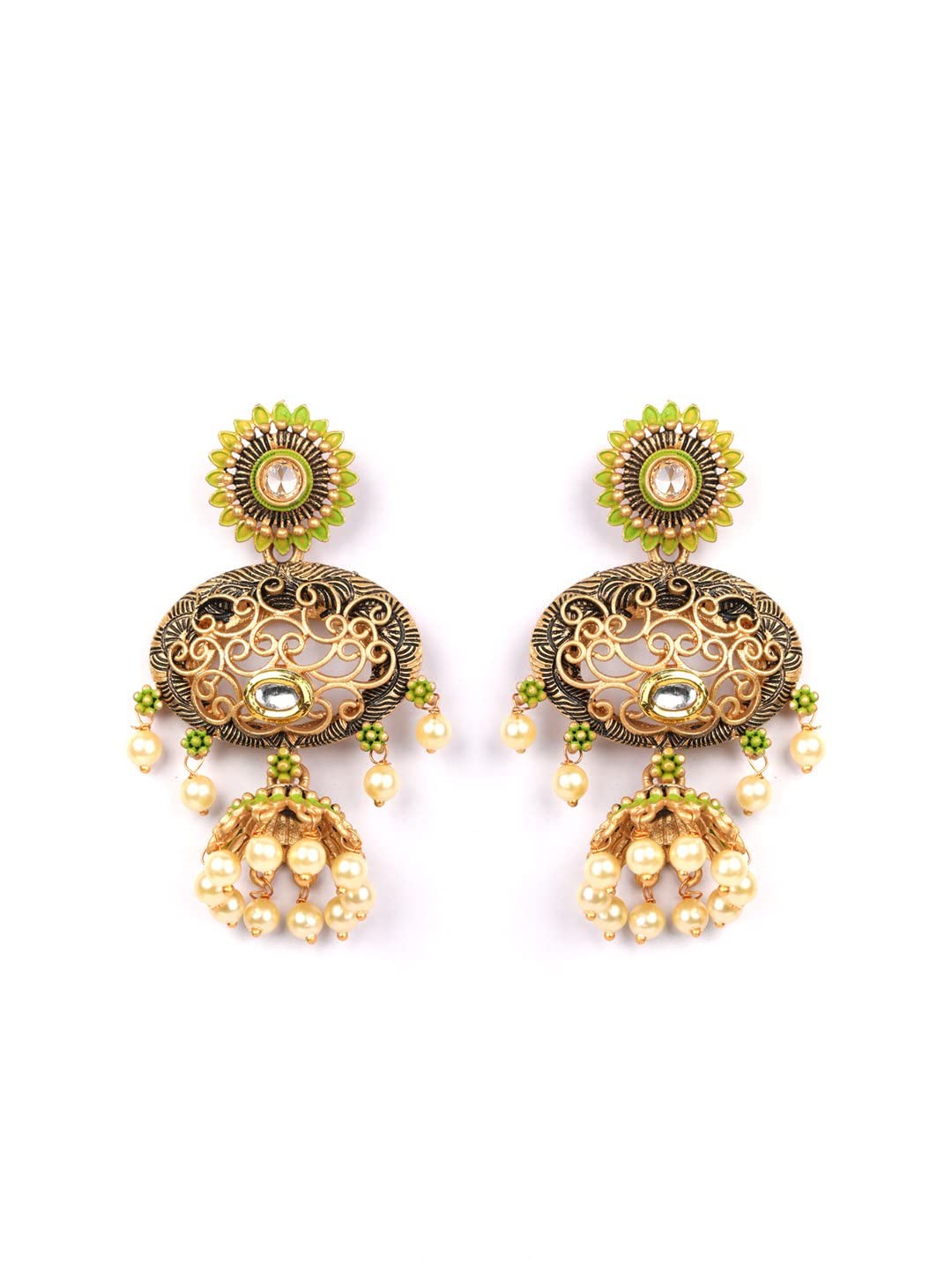Priyaasi Green Kundan Beads Gold Plated Jhumka Earring, One Size (EAR-PR-50694)