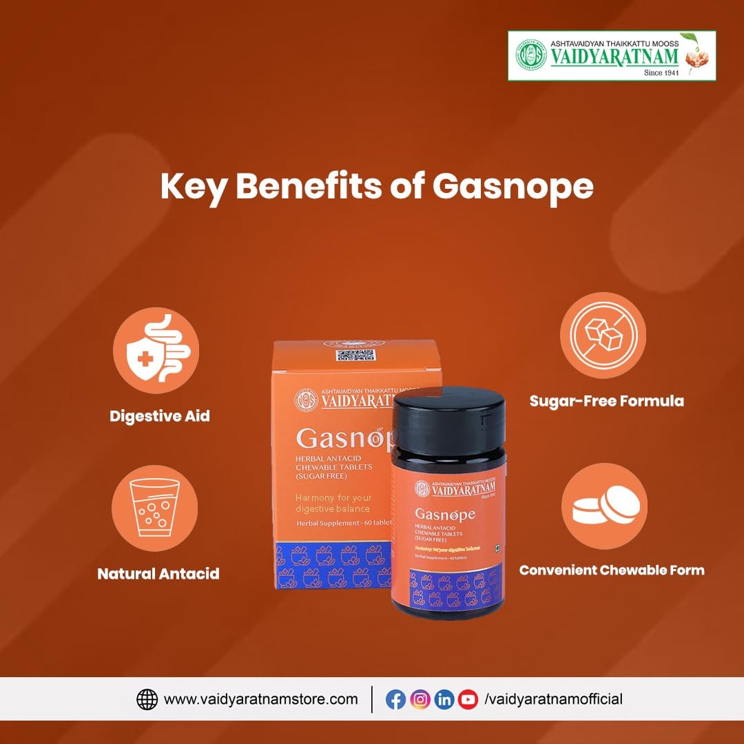 Vaidyaratnam Gasnope Tablet - 60 Nos, Improves Digestion, Relieves from Gas, For Acidity & HeartBurn | Fast & Natural Relief from Acidity | Acidity Relief Tablet | Sugar-Free Chewable Tablets | Supports Acidity and Bloating Relief | Natural Digestive Comfort Tablets