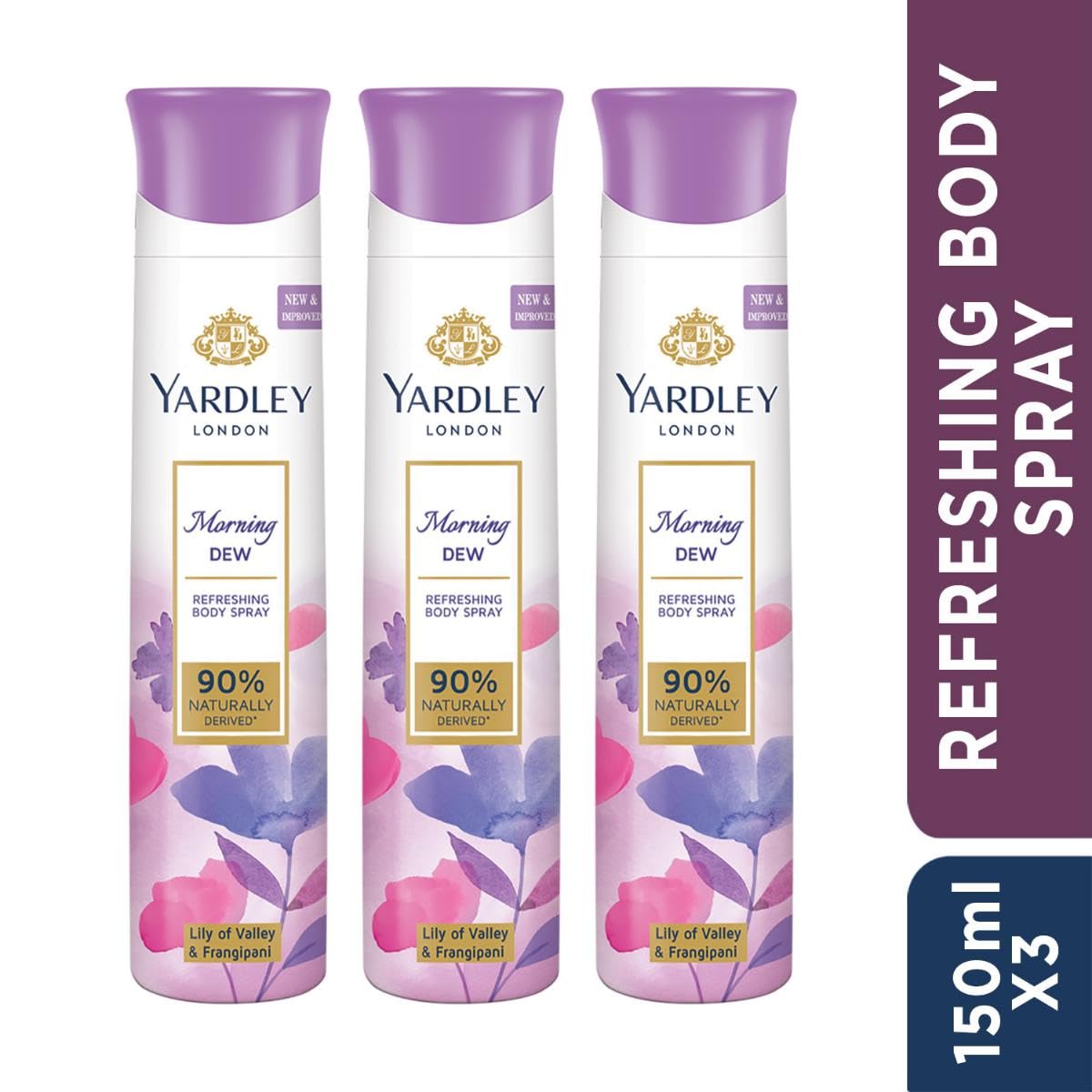 Yardley London Morning Dew Refreshing Body Spray Mega Pack| Lily of Valley & Frangipani Fragrance| Deodorant Body Spray For Daily Use| Deodorant For Women| 90% Naturally Derived| 150ml, Pack of 3
