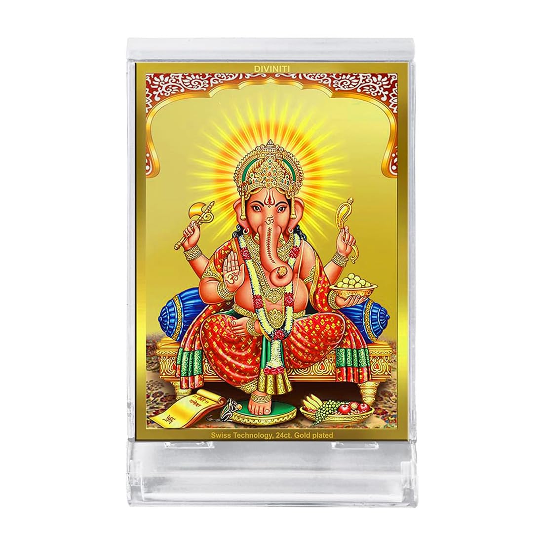 DIVINITI 24K Gold Plated Religious Car Dashboard Frame | Premium God Idol Frame for Car, Home Mandir & Office Table | Spiritual Gift, Decorative Showpiece | Ganesha Front Pose
