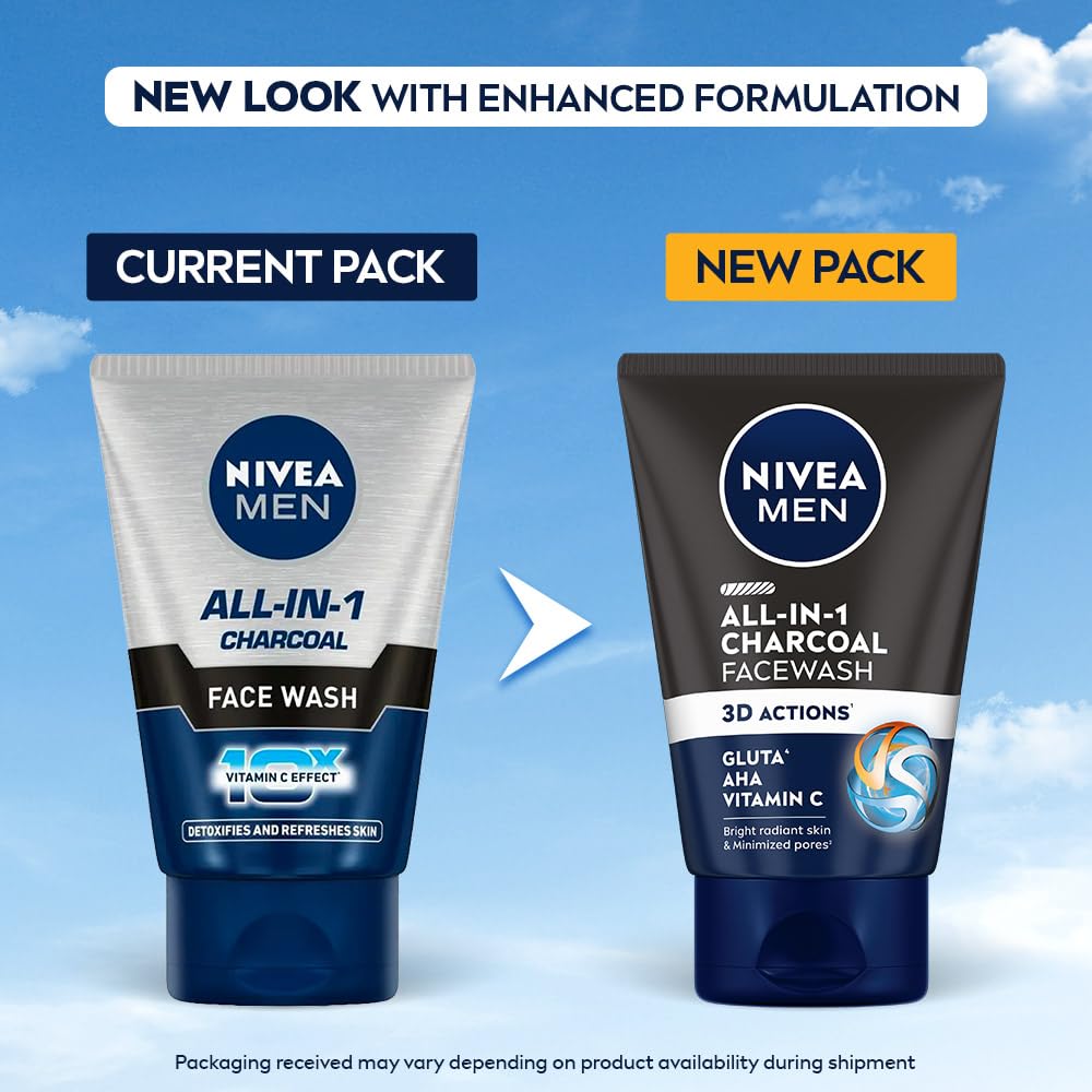 NIVEA MEN All in 1 Charcoal Face Wash | Natural Charcoal, Gluta, AHA & Vitamin C | Helps Reduce the Appearance of Tan | Removes Excess Oil and Minimizes Pores | For Bright Radiant Skin | 100g