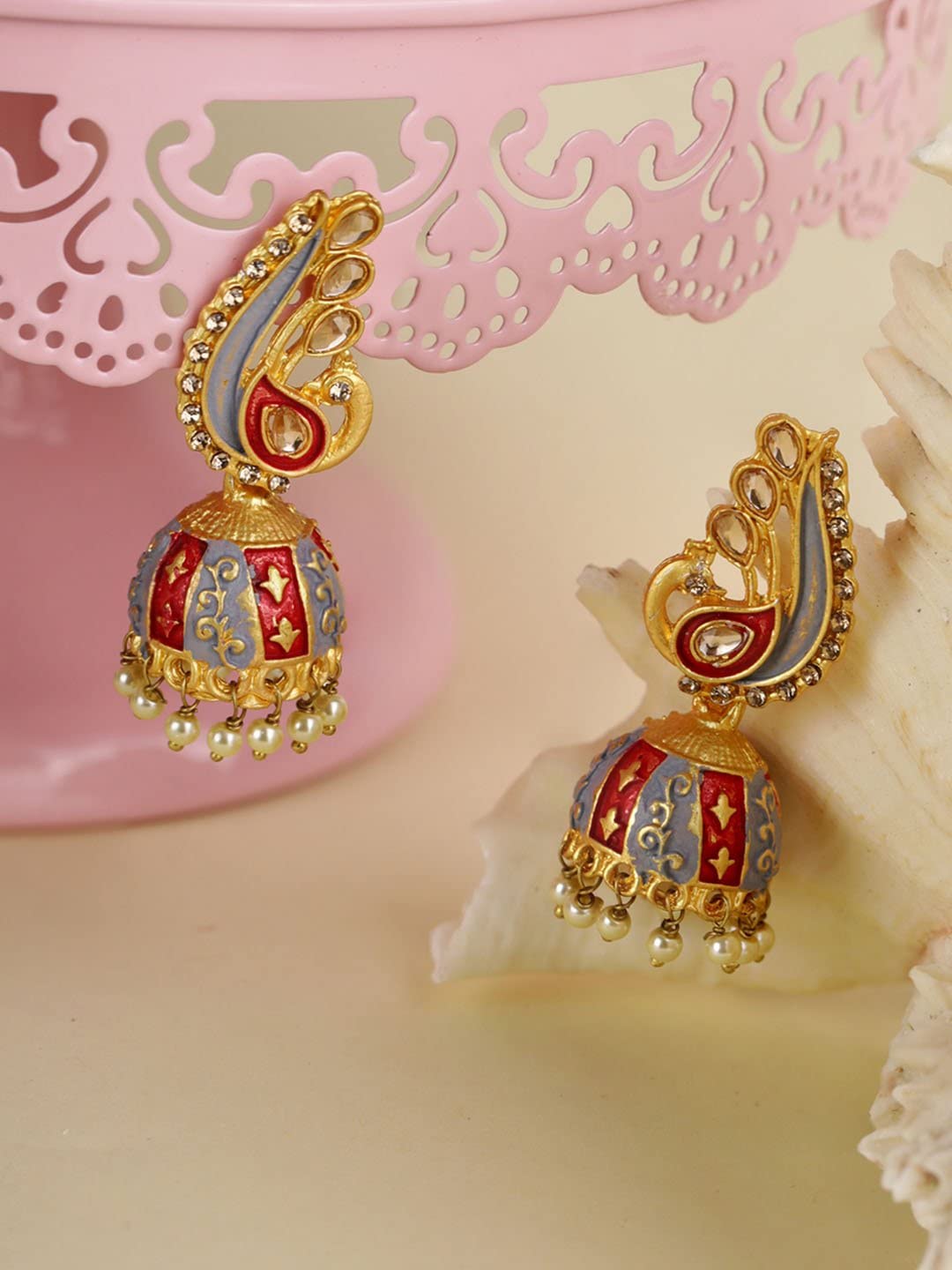 Priyaasi Peacock Shaped Kundan Studded Jhumka Earring