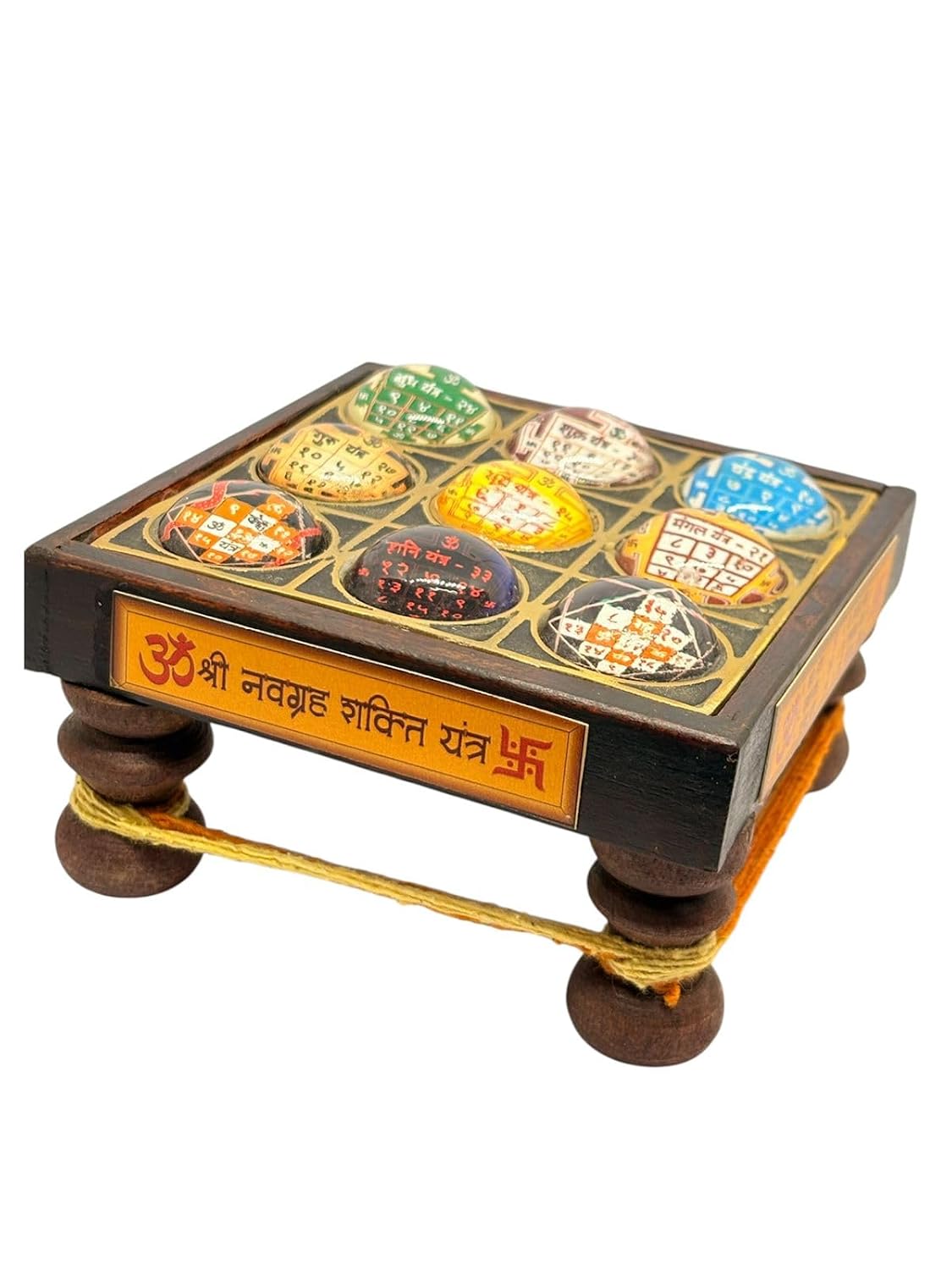 RUDRADIVINE Navgrah Chowki Wooden Base with 3D Glass Yantra – 9 Planet Shanti & Vastu