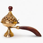 DSH Brass Loban Burner Home Purifying Dhoop Dani Bakhoor Holder Table Incense Burner with Wooden Handle for Home Decoration