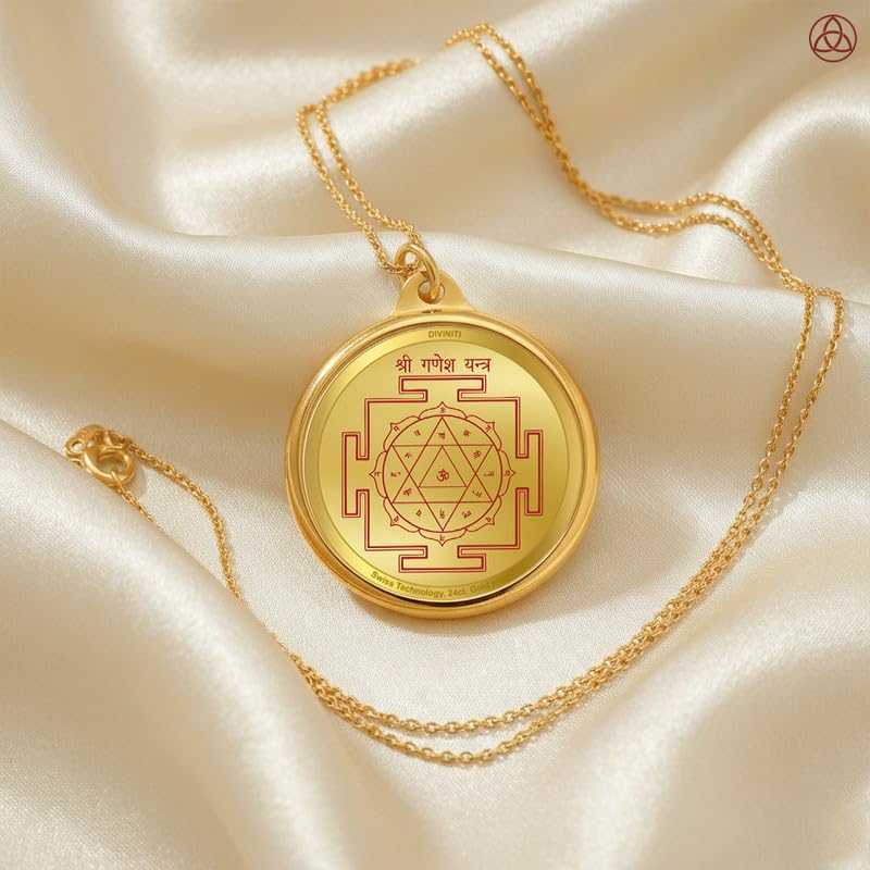 DIVINITI 24K Gold Plated Lord Ganesha & Yantra Double-Sided Pendant with Premium Gift Box, 22 mm Hindu Religious Locket, Luxury Spiritual Jewellery Gift for Men & Women