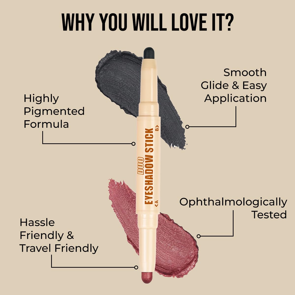 INSIGHT Duo Eyeshadow Stick- Charcoal Charm & Blush |Shimmery Finish | Long Lasting & Ultra Smooth | Waterproof & Crease-Proof | Highly Pigmented (2gm)