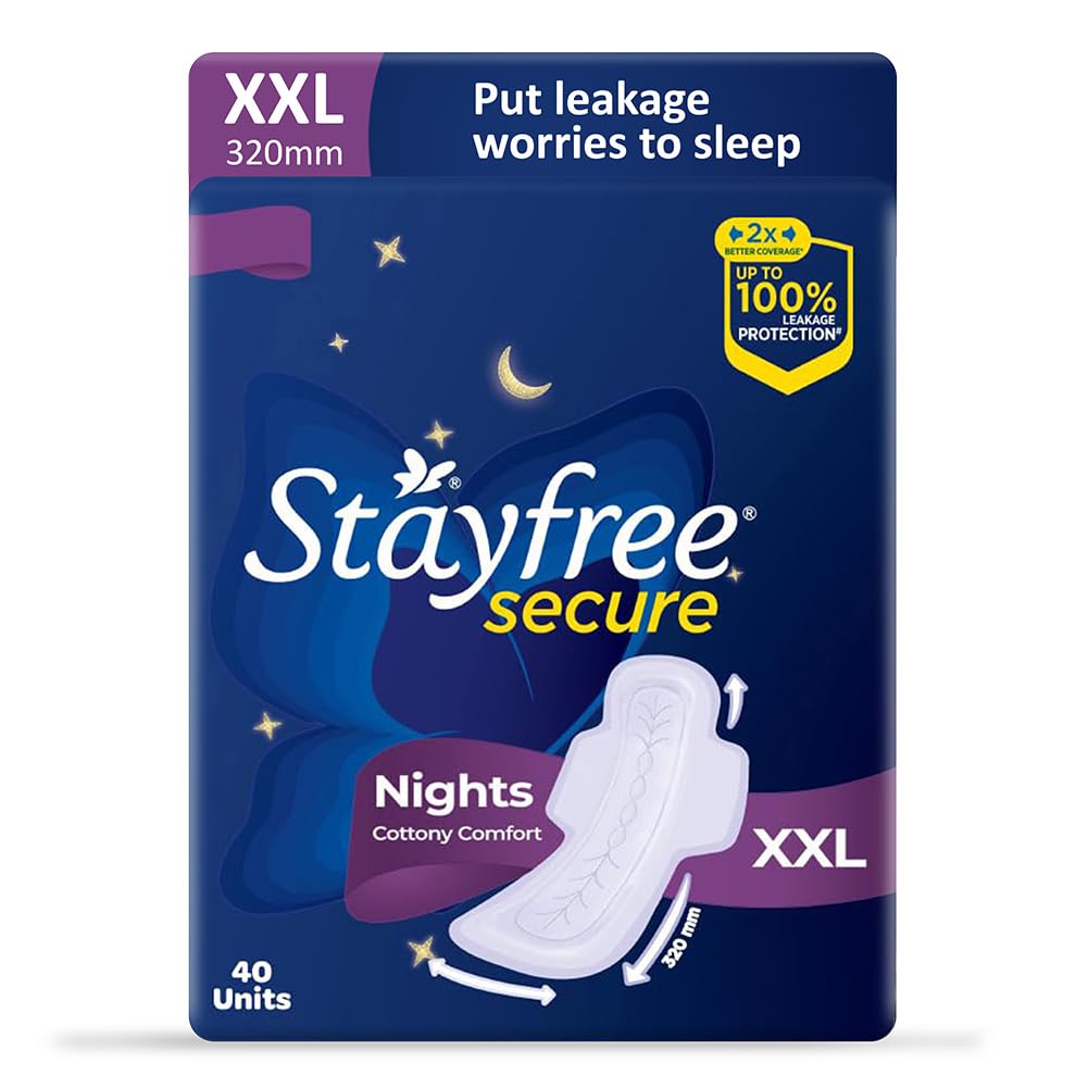 Stayfree Secure Nights XXL | 40 Pads| Cottony Soft Sanitary Pads for Women | Upto 100% leakage protection | Buy XXL at XL price | Absorbs 2x Faster with Wider Back