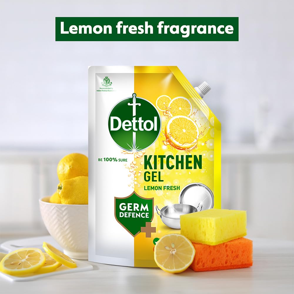 Dettol Dishwash liquid and Kitchen Gel | Cuts Tough Grease | Remove germs | Lemon Fragrance | 500ml (Refill Pack)