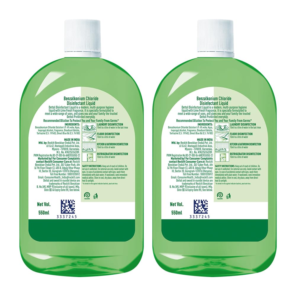 Dettol Multi-Purpose Disinfectant Liquid for Floor & Surface Cleaning, Lime Fresh Fragrance, 550ml (Pack of 2)