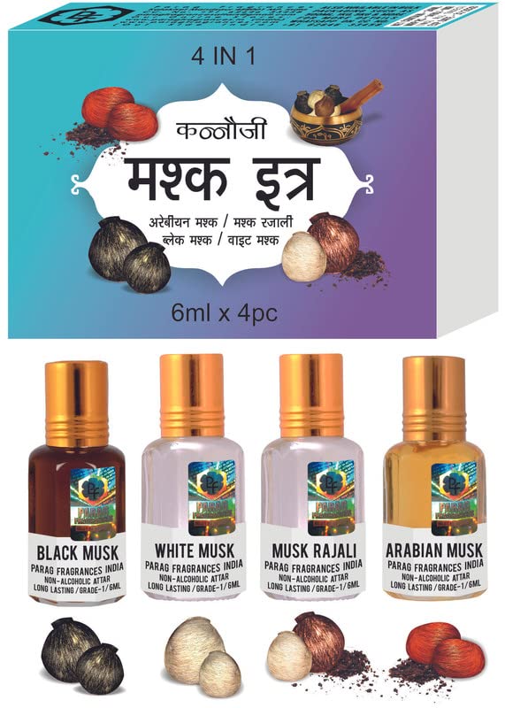 Parag Fragrances Musk Attar 4 in 1 Combo (Black, White, Razali & Arabian) Real, Natural & Alcohol-Free Grade 1 Attar/Long Lasting Perfume, Unisex, Oil, 6 Ml