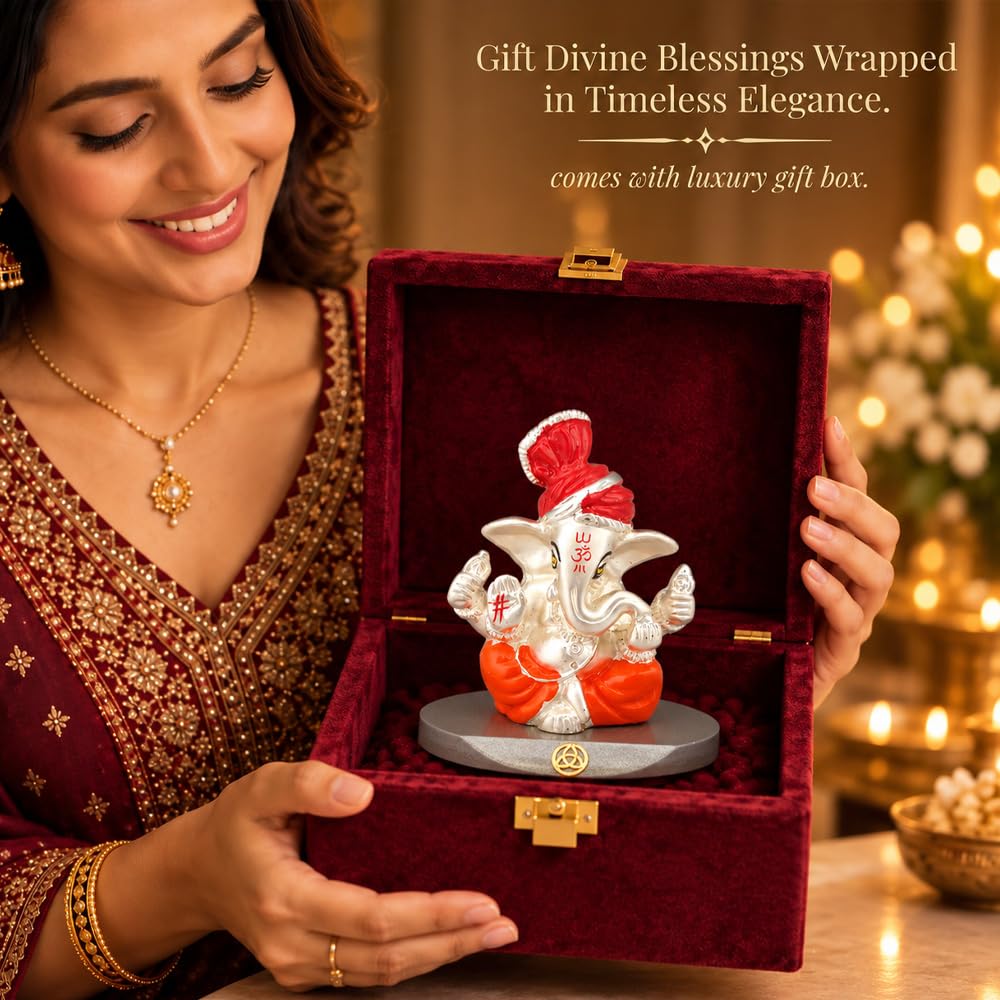 DIVINITI 999 Silver-Plated Lord Ganesha Idol | Ganpati Murti for Car Dashboard, Home, Office & Puja Room | Ganesh Chaturthi, Diwali & Housewarming Gift with Premium Gift Box | 7 x 7 CM