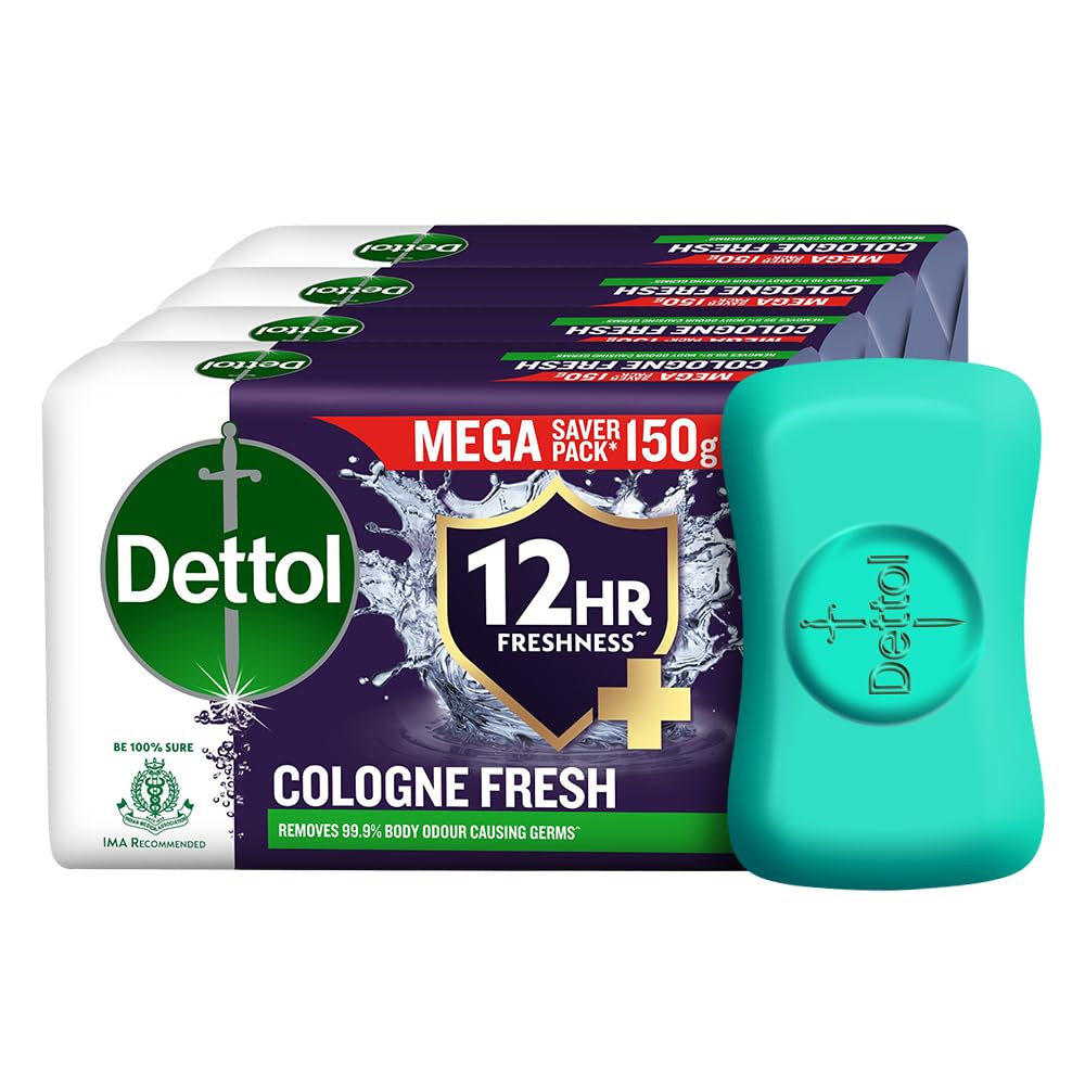 Dettol Cologne Fresh Bathing Soap Bar with 12hr Freshness 150g Pack of 4, (600gm)