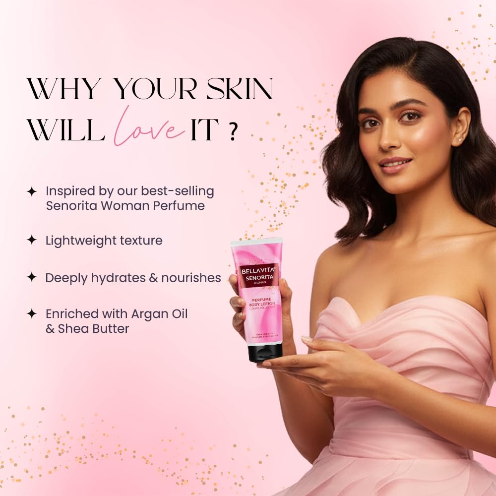 Bella Vita Luxury Senorita Woman Perfume Body Lotion for Nourishing, Hydrating, Soft, Supple,Healthy Skin with Argan Oil and Shea Butter 200 Ml