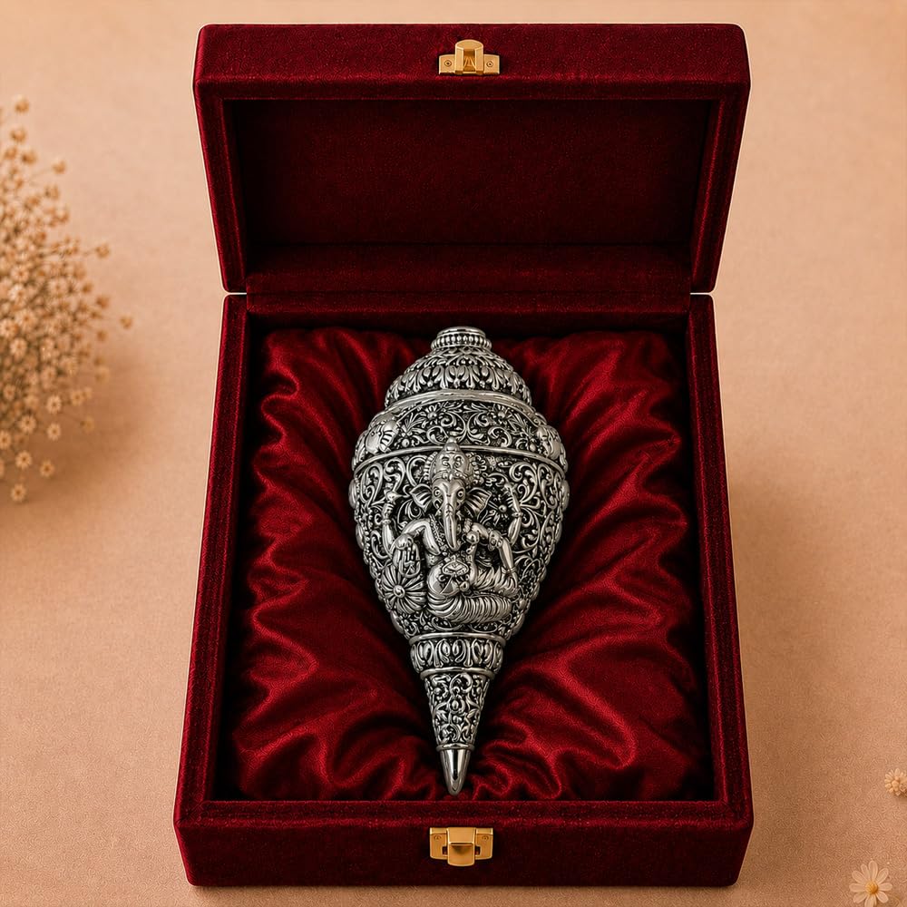 DIVINITI Antique Silver Plated Ganesh Shankh Showpiece with Gift Box|Lord Ganesha Decorative Conch for Home Temple, Pooja Room & Spiritual Decor|Religious Gift for Diwali & Housewarming|12 x 6 cm
