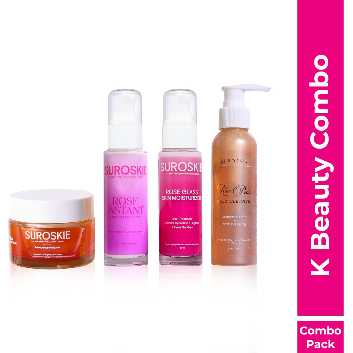 Suroskie K Beauty Combo (Pack of 4) | Rose Instant Face Scrub (50ml) + Rose Petals Melt Cleanser (120ml) + Rosanna Face Mask + Glass Skin Moisturizer | for Men & Women