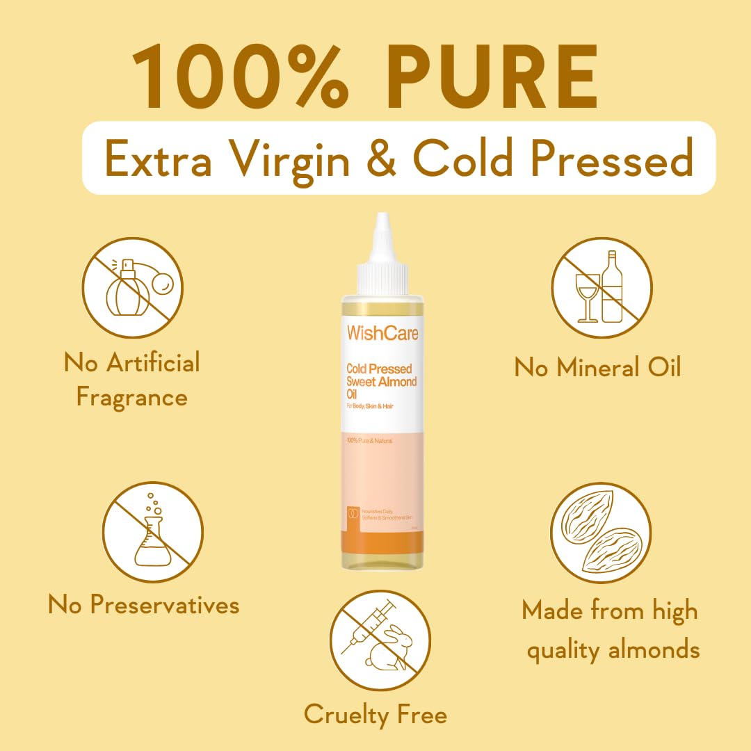 WishCare® Pure Cold Pressed Sweet Almond Oil for Hair Growth and Glowing Skin & Face - 200ml