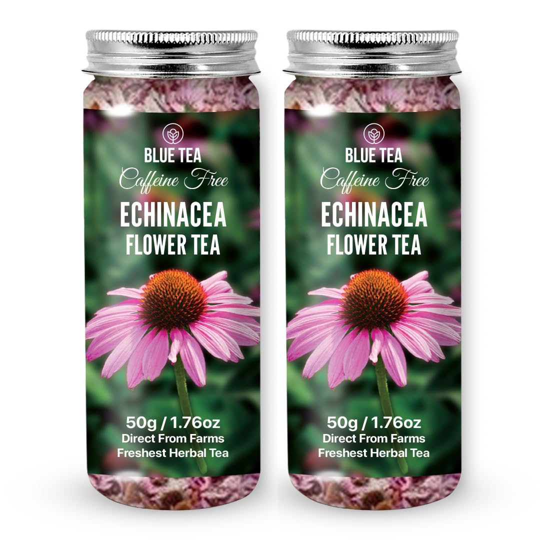 BLUE TEA - Echinacea (Cone) Flower - 100g - 100 Cups (Pack Of 2) | IMMUNITY BOOSTER | Flower Based - Herbal Tea - Caffeine Free - No Preservatives | Pet Jar Packaging