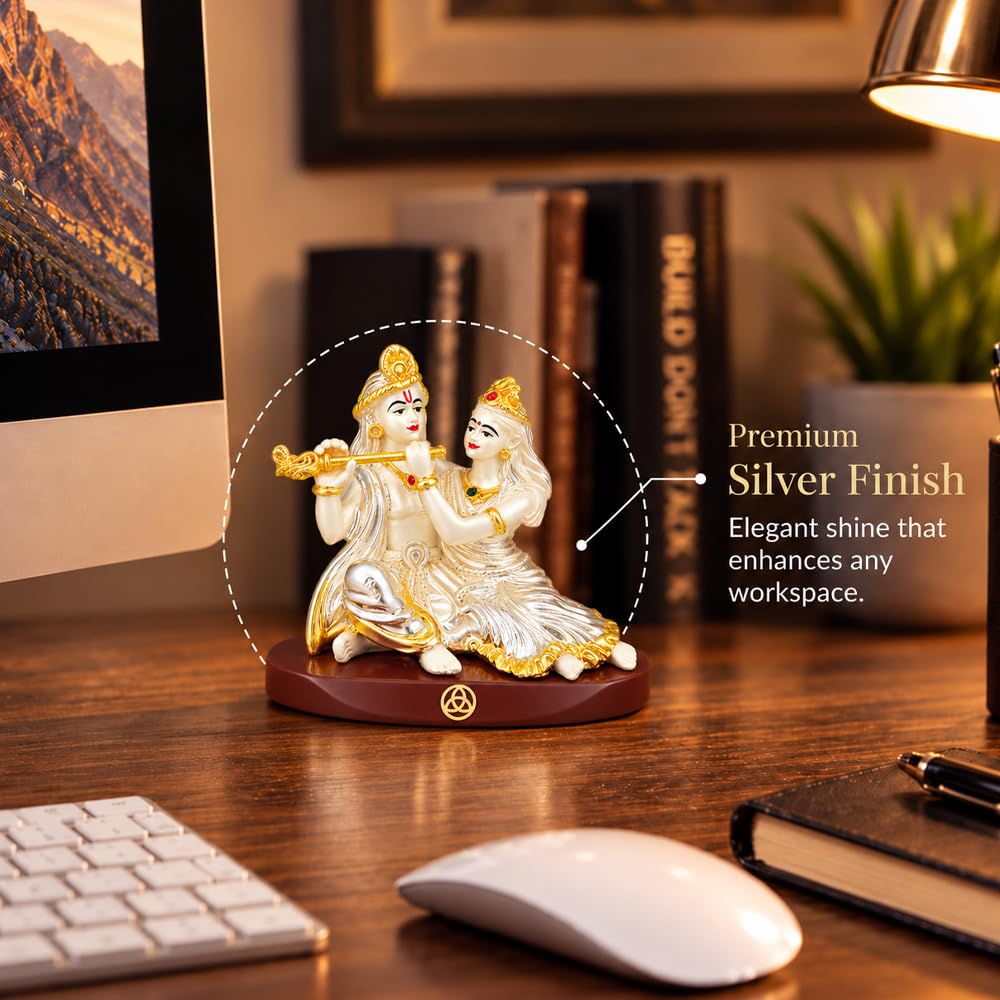 DIVINITI Premium Radha Krishna Idol with Silver-Tone Finish & Gold Accents | Decorative Radha Krishna Showpiece with Base & Premium Gift Box | Home, Office, Mandir & Gifting | 6 x 9 cm