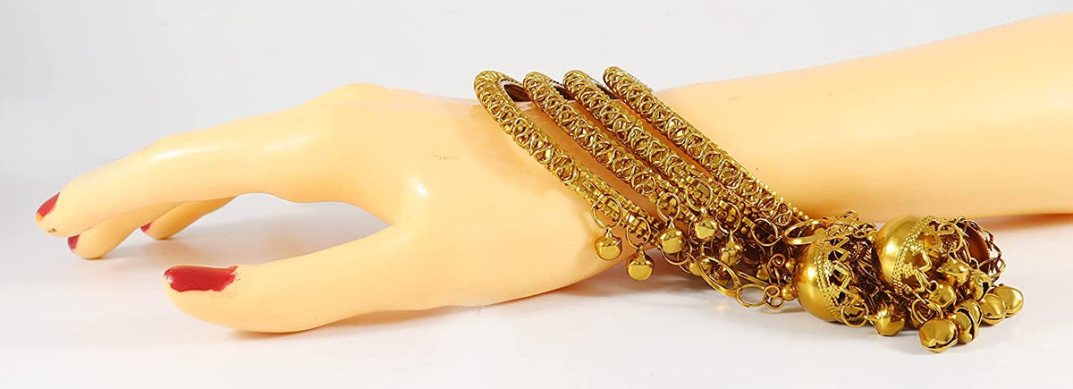 NMII Non-Precious Metal Base Metal with Leaf Shaped and Bracelet Bells Glossy Finished Latkan Kada Set For Women and Girls