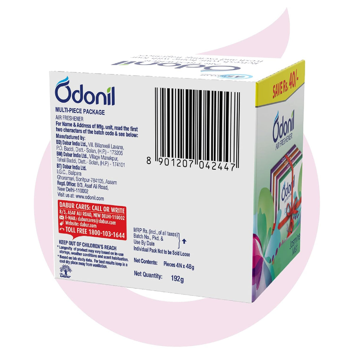 Odonil Bathroom Air Freshener Blocks 192g (48g x 4) | Mixed Fragrances (Jasmine, Lavender, Orchid, Rose)| Long Lasting 30 Day Freshness | Removes Mal Odours